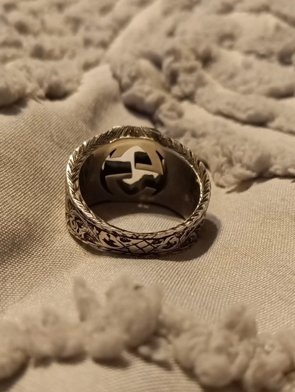 Gucci Silver-Tone Men's Signet Ring with Cutout Emblem